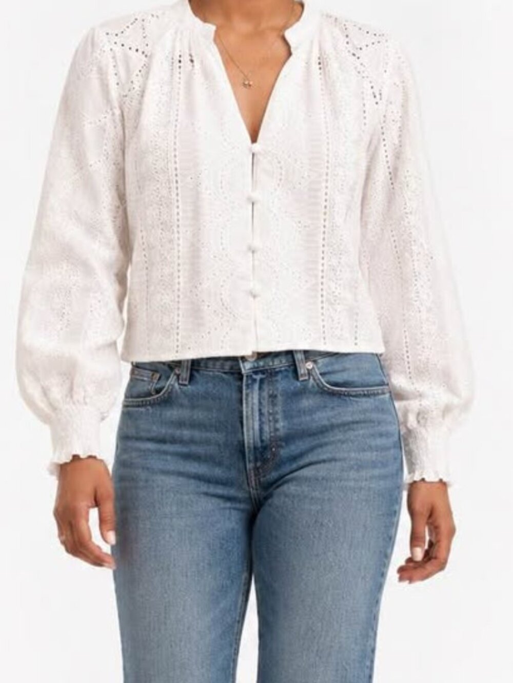 Adiva V-Neck Button Front Eyelet Coquette Fairycore White Cotton Top [size M]